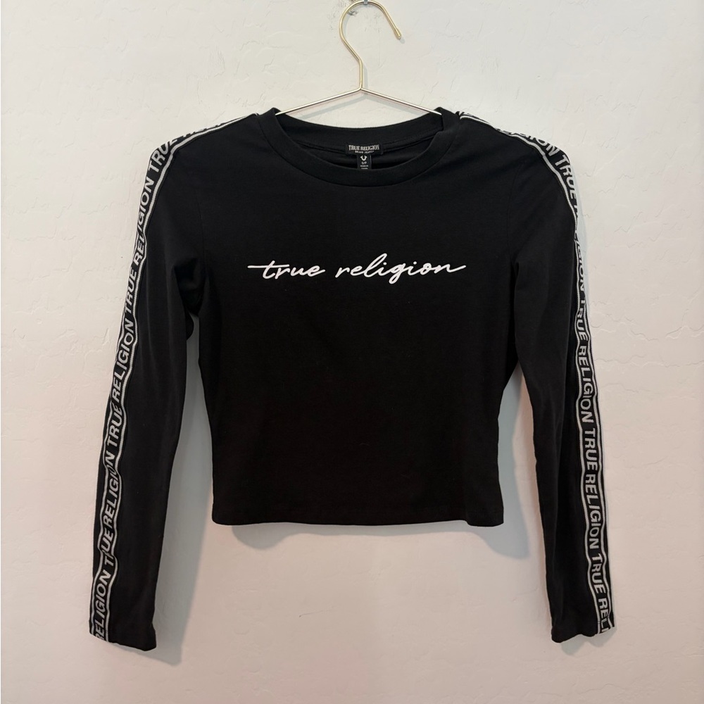 Y2K True Religion Black Long-Sleeve Crop Top with Logo Tape